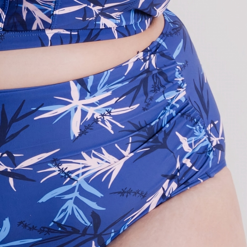 NWT 2XL High Waist Ruched Bikini Swimsuit Bottom Blue Palm - Picture 8 of 16